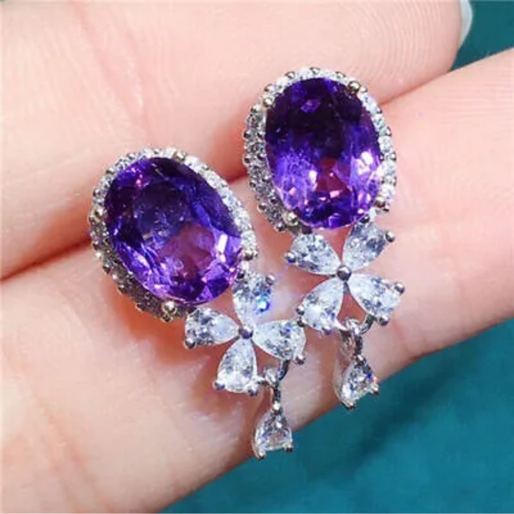 Bright Purple Gemstone Drop Cubic Zirconia Elegant, Dangle Earrings